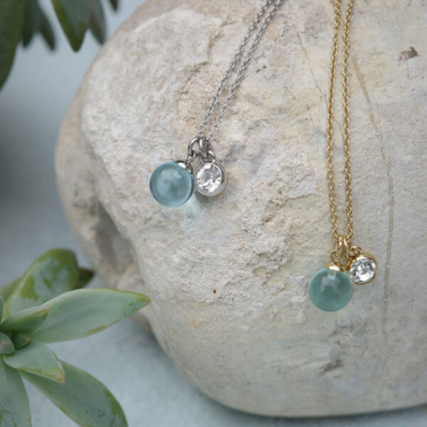 Pure Steel Aquamarine Glass Ball Necklace - Gold
