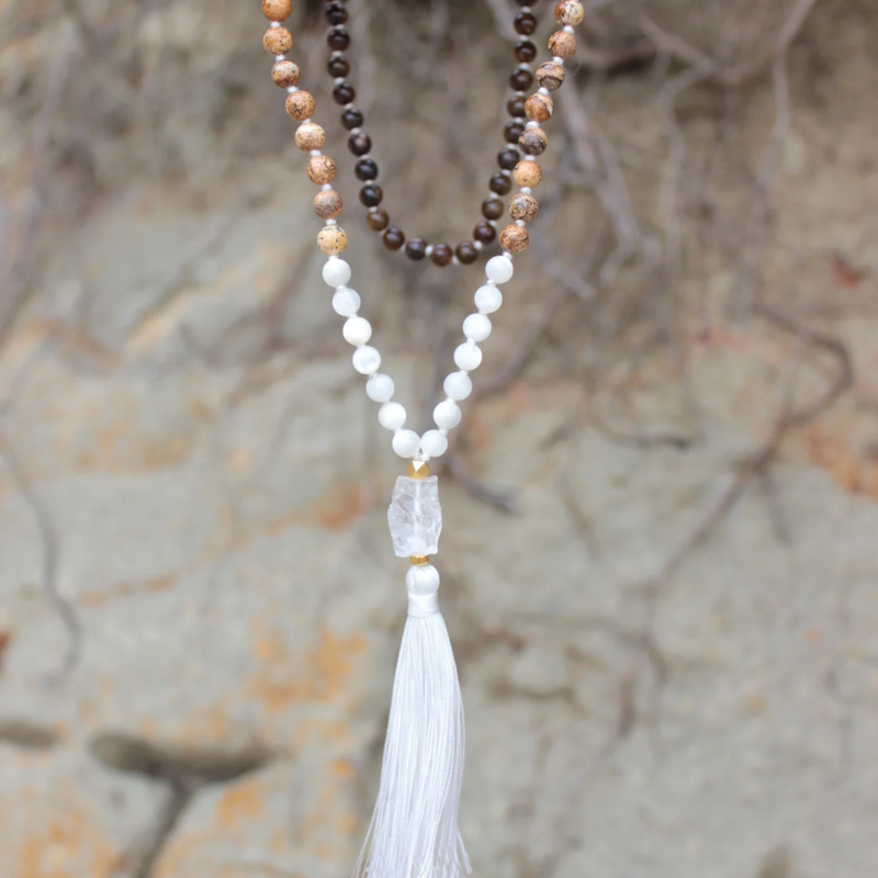Moonstone + Agate Mala Beads Necklace - Clarity