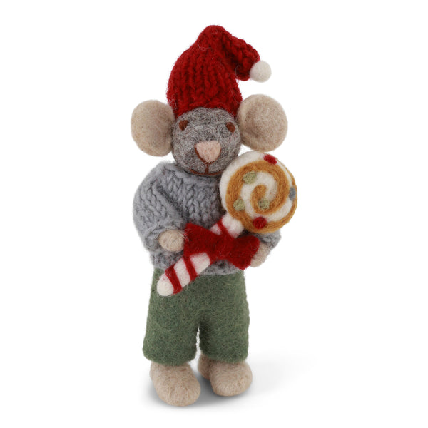 Small Grey Boy Mouse with Christmas Candy