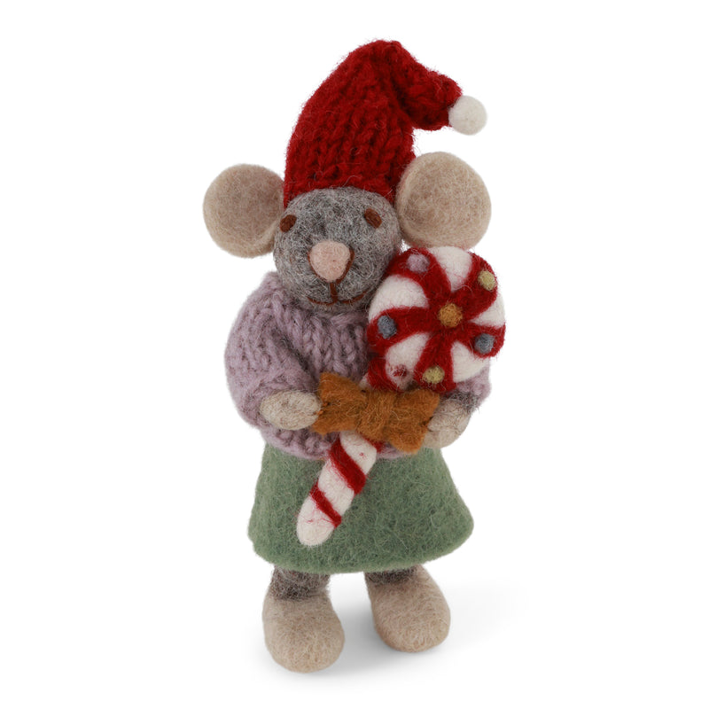 Small Grey Girl Mouse with Christmas Candy
