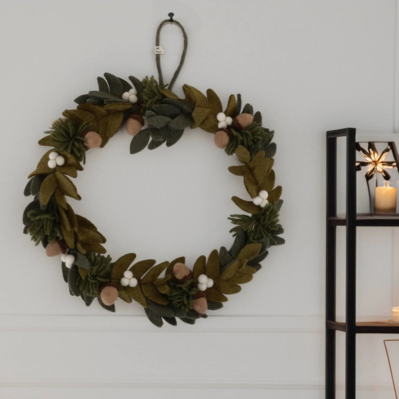 Wreath with White Berries + Acorns