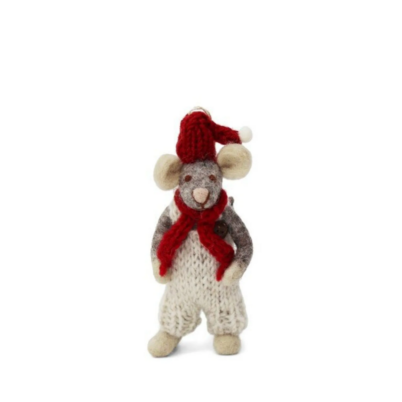Small Grey Boy Mouse with Red Hat and Scarf - 12cm