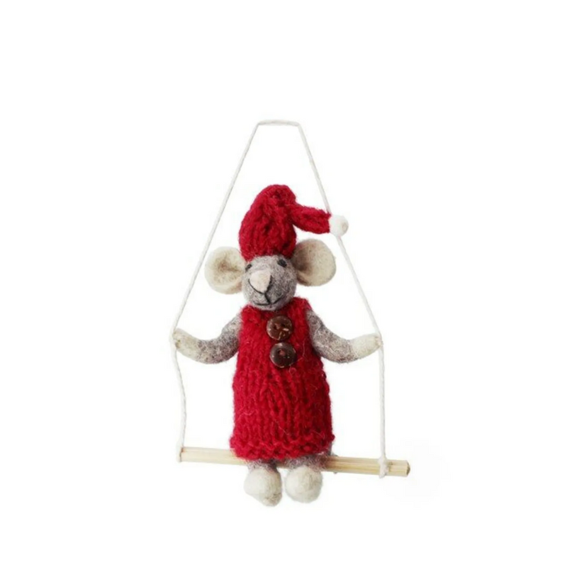 Small Grey Girl Mouse with Red Dress on Swing - 12cm