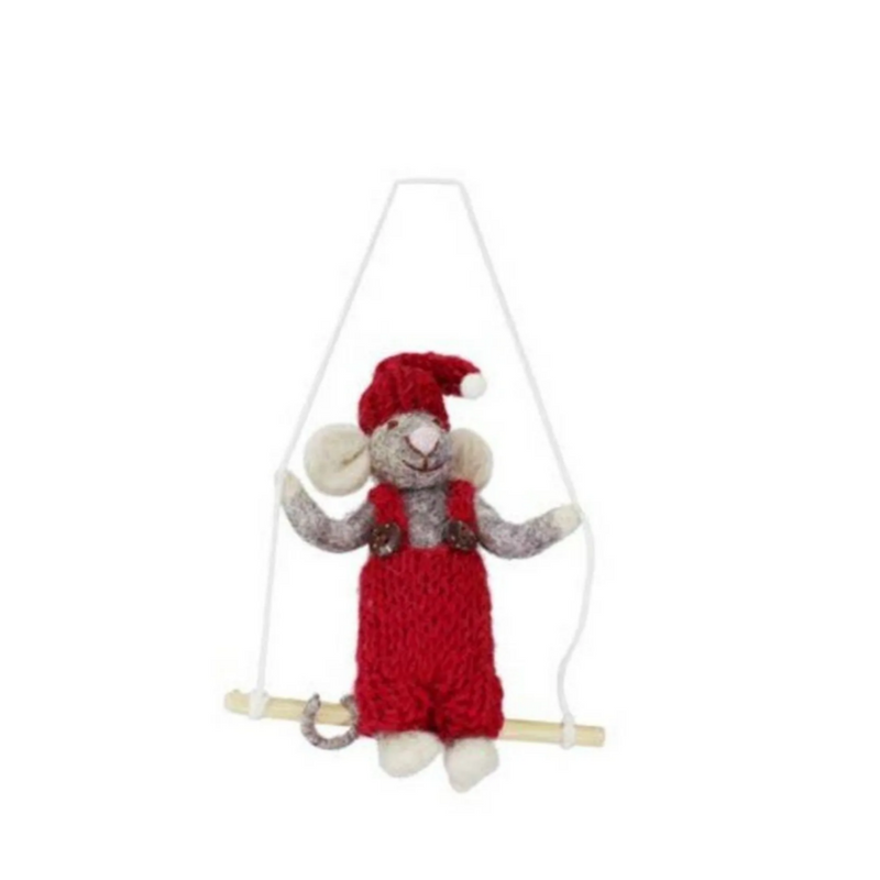 Small Grey Boy Mouse with Red Pants on Swing - 12cm