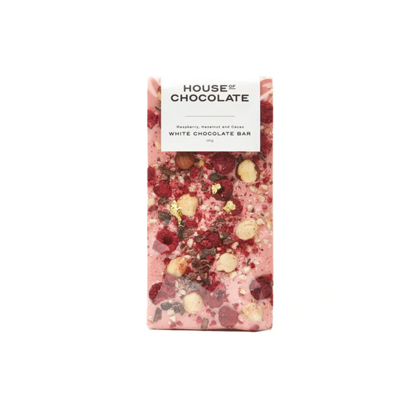 Raspberry, Hazelnut + Cacoa White Chocolate Bar