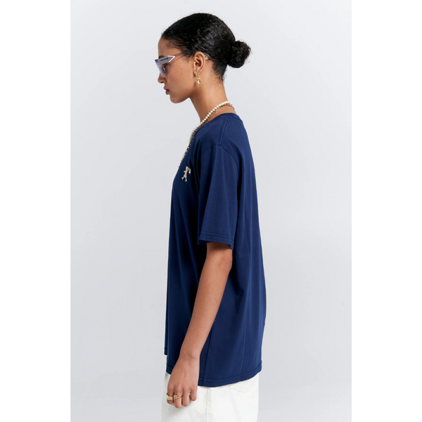 Embroidered Runaway Girl Classic Organic Cotton T-shirt - Navy
