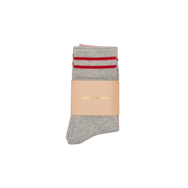 KW Runaway Girl Socks 2 pack - Light Grey + Blush + Red