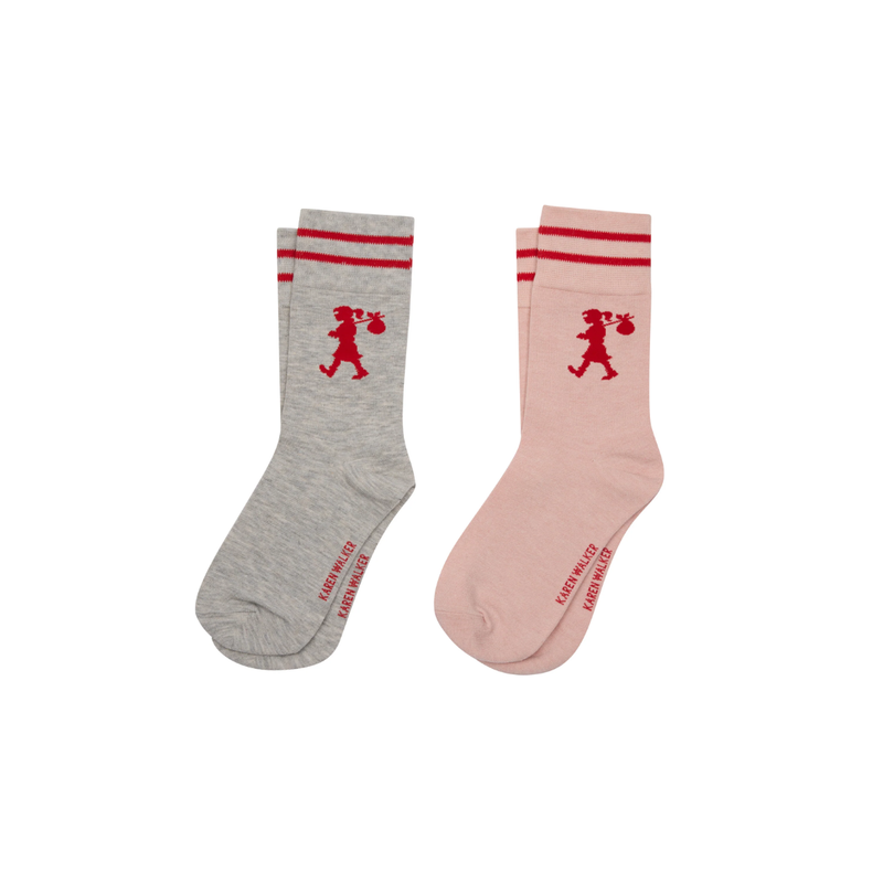 KW Runaway Girl Socks 2 pack - Light Grey + Blush + Red