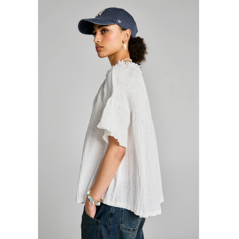 Theia Smocked Blouse - Off White/White