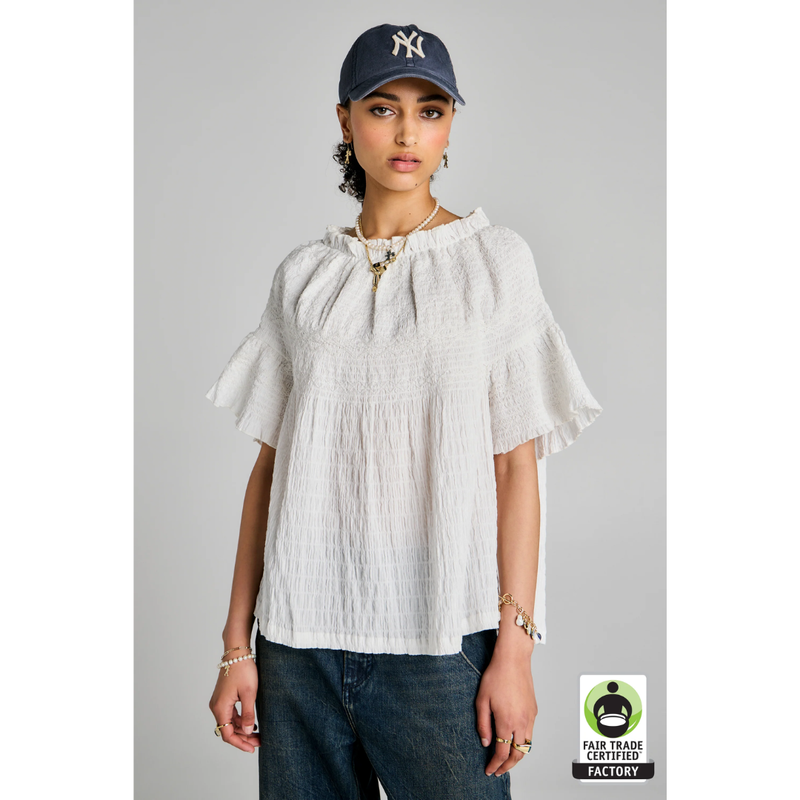 Theia Smocked Blouse - Off White/White