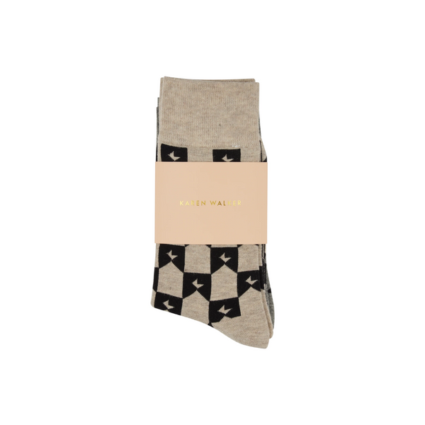 KW Monogram Socks Set of 2 - Grey Black + Natural Black