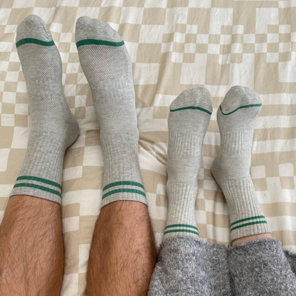 Extended Boyfriend Socks - Light Grey + Green
