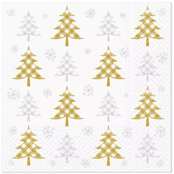 Christmas Tree Paper Napkins - Gold + Silver Check