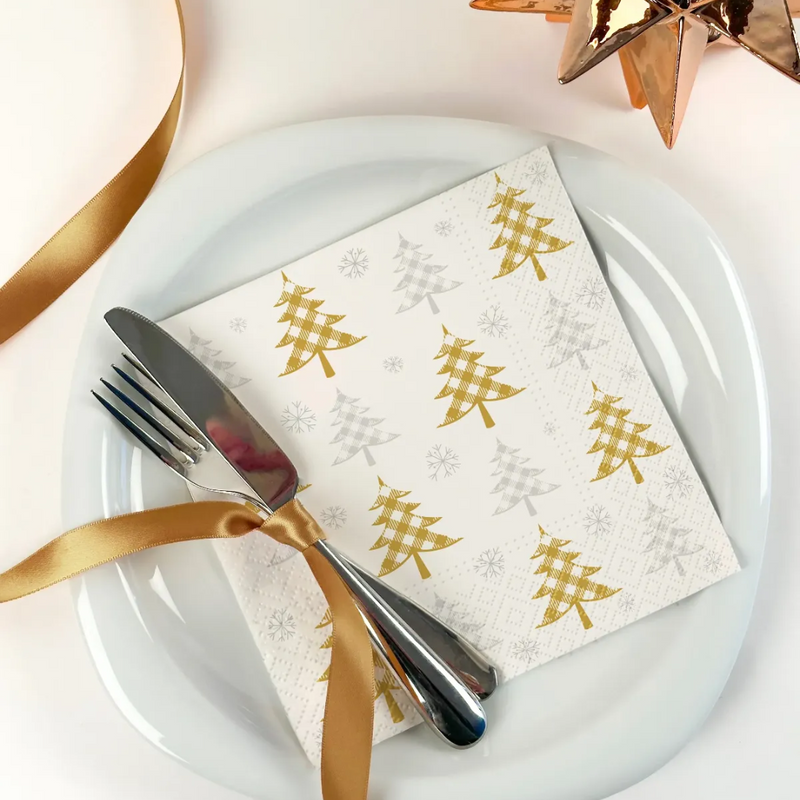 Christmas Tree Paper Napkins - Gold + Silver Check