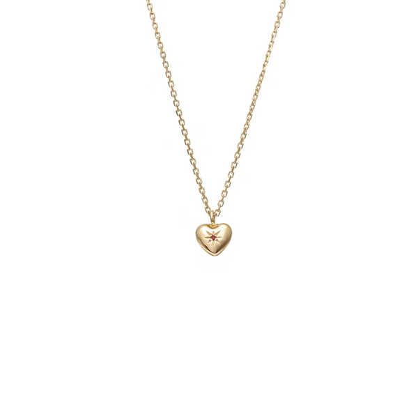 Petite Puffed Heart Necklace - Ruby + Gold