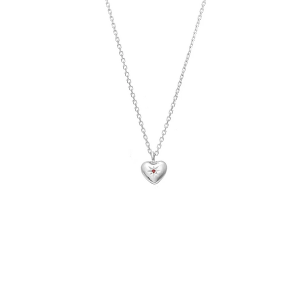 Petite Puffed Heart Necklace - Ruby + Silver