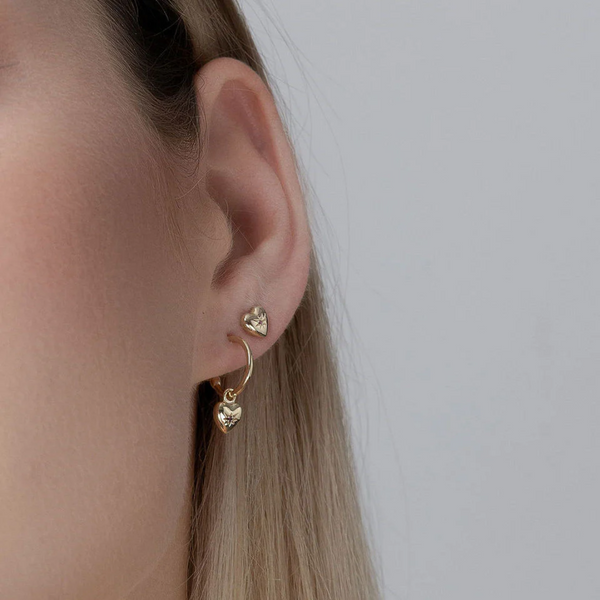 Petite Puffed Heart Studs - Ruby + Gold