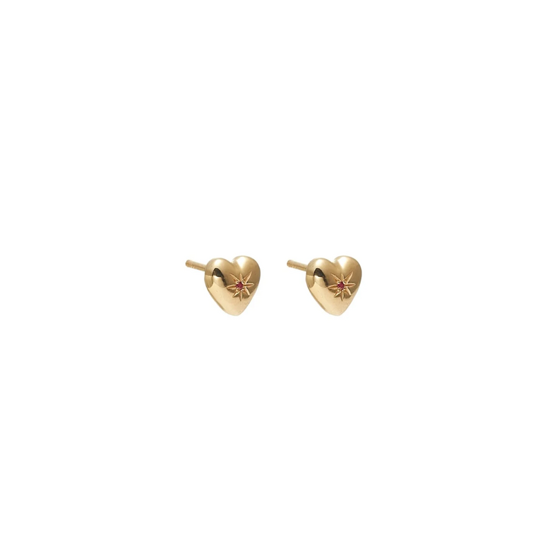 Petite Puffed Heart Studs - Ruby + Gold
