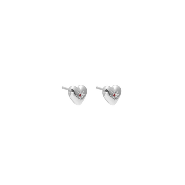 Petite Puffed Heart Studs - Ruby + Silver