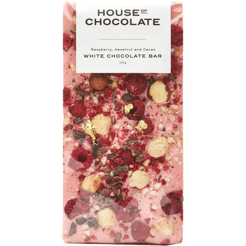 Raspberry, Hazelnut + Cacoa White Chocolate Bar